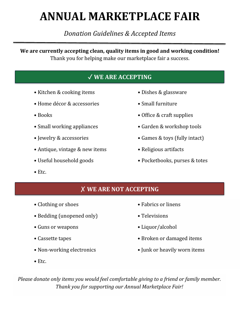 Annual Marketplace Fair Accepted and Not Accepted Items